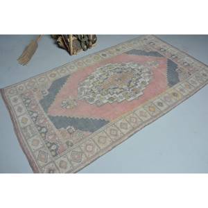 Alfombra turca vintage clásica rosa gris 4x7 pies área grande respaldo de látex de lana patrón abstracto para diseño de pasillo rectangular adolescente - Product Image 2