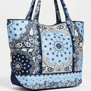 Women Large-<b>Patchwork</b> Pattern Tote <b>Bag</b> Blue-Soft Handle-Reusable Canvas Shopping <b>Bag</b> Fashion Custom Logo-Striped Canvas-Beach - Product Image 4