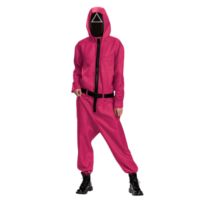 Jeu de calmar Triangle garde rose combinaison Costume tailles adultes Halloween tenue ensemble costume à capuche ceinture masque inspiré par l'émission de télévision