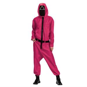 Squid Game Triangle Guard Pink Jumpsuit <b>Costume</b> Adult Sizes Halloween Outfit Set Hooded Suit Belt <b>Mask</b> Inspired by TV Show - Product Image 2