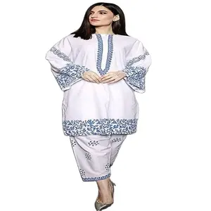 <b>White</b> Linen Churridar Suits with Blue Embroidery Embossed Loose Fit Traditional Indian Pakistani Casual Wear Women Ankle Length - Product Image 1