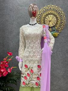 Costume Georgette Sharara avec broderie, beau haut entièrement cousu avec Dupatta, robe de soirée de créateur - Product Image 3