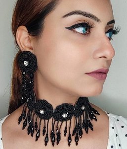 Best Price <b>Beaded</b> Multilayer Necklace and Earring <b>Set</b> with Black Embroidery for Weddings Parties Engagements - Product Image 4