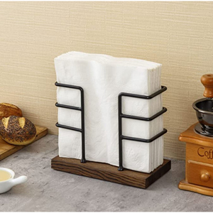 Servilletero de hierro negro con base de madera, forma personalizada, perfecto para mesas elegantes y decoración del hogar - Product Image 3