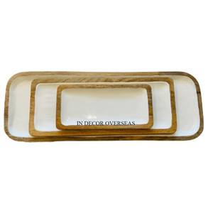 Ensemble de 3 produits alimentaires en bois de haute qualité fabriqués en émail de couleur blanche Plateau de service de l'Inde à un prix impressionnant - Product Image 1