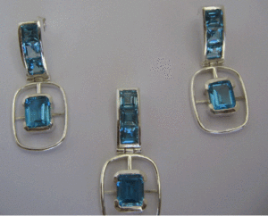 Natural for Swiss Blue Topaz Set for Women 925 Sterling <b>Silver</b> <b>Drop</b> <b>Earrings</b> Emerald Cut Geometric Pattern Bezel Shah Gems - Product Image 1