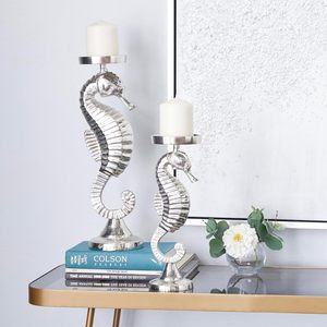 Lot de 2 bougeoirs hippocampe en aluminium argenté Bougeoirs décoratifs à thème nautique pour décoration côtière et plage - Product Image 3