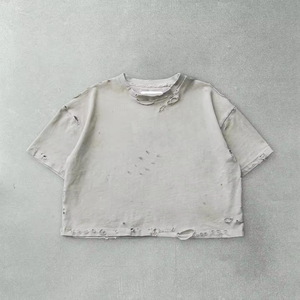 Venta al por mayor OEM personalizado de los hombres de peso pesado 100% algodón Streetwear camiseta Boxy recortada de gran tamaño desgastado Vintage lavado estilo - Product Image 2