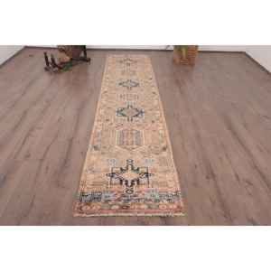 Alfombra Turca de 2.3x9.9 pies, Alfombra Floral Azul Marrón de Lana - Product Image 1