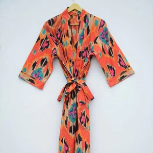 Unisex hecho a mano naranja Ikat estampado lujo 100% algodón Albornoz suave indio casa abrigo ropa de dormir mujeres hombres Spa verano otoño - Product Image 1