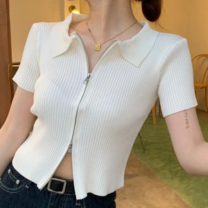 Top <b>Women</b> Clothing Polo Collar T-<b>shirt</b> Summer Zipper Slim Half Sleeved Breathable Top High Waisted Short Blouse - Product Image 5