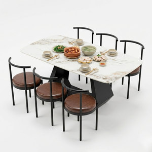 Ensemble de salle à manger moderne avec plateau en marbre et 6 chaises rembourrées pour la cuisine et le salon, meubles de maison - Product Image 1
