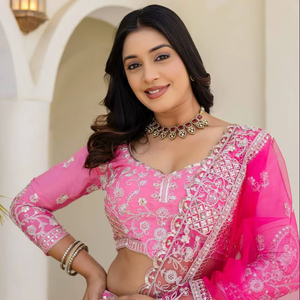Lehenga Choli Dupatta de mariée en soie naturelle rose vif, lourdement brodé, longueur au sol, élégant, pour les femmes, les fêtes - Product Image 1