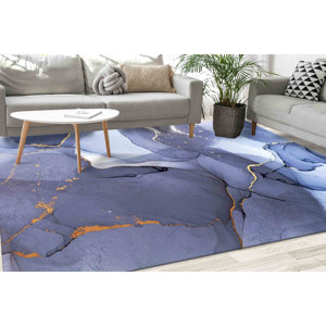 Tapis d'intérieur en marbre violet : accent doré moderne, tapis antidérapant, tapis en chenille - Product Image 1