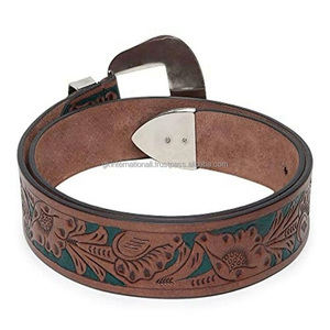 Cinturón de herramientas de cuero occidental con diseño floral tallado a mano de cuero de grano de súper lujo para hombres con hebilla de metal elegante y guardián - Product Image 2