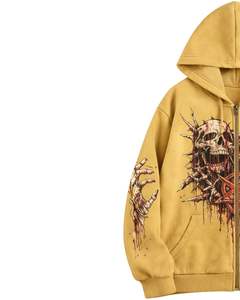 Sudadera con Capucha Personalizada Amarillo Mostaza con Gráfico de Doble Calavera, Estilo Gótico Urbano, Sudadera de Felpa con Estilo Lavado Ácido, Ropa Personalizada para Hombre - Product Image 2