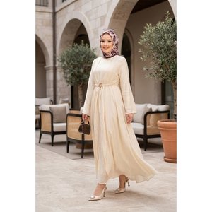 Vestido de Noche Cómodo de Gasa Beige con Broche Dorado Integrado, Bolero, Silueta en A, Cintura Imperio, Largo hasta el Suelo, para Fiesta - Product Image 1