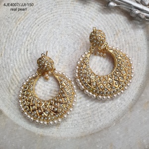 Style indien traditionnel fait à la main vraie perle Jadau Chandbali boucles d'oreilles à la mode haute qualité bijoux boucles d'oreilles pour les femmes - Product Image 1