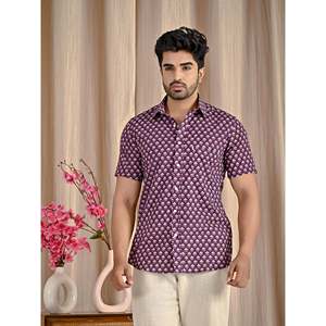 Chemise à manches courtes en coton 100% imprimé floral violet, tissu popeline respirant, robe décontractée, offre ODM - Product Image 1