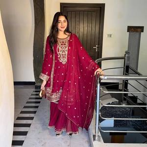 Ensemble Sharara en Georgette de Luxe Unity avec Broderie et Bordure Épaisse, Idéal pour les Fêtes et les Mariages - Product Image 4