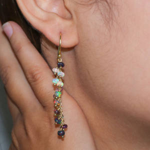 Pendientes largos de gota con cuentas de ópalo negro de Plata de Ley 925 para mujer, joyería de piedra natal rellena de oro amarillo para fiestas y regalos - Product Image 2