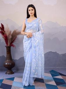 Dernier concepteur Soft Net Broderie Séquence Travail Saree Par FabZone - Product Image 4