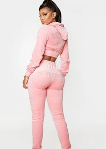 Vente en gros de sweats à capuche en velours pour femmes haut court rose imprimé sweats à capuche pour femmes surdimensionnés 2025 fermeture éclair - Product Image 2