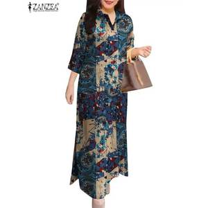 ZANZEA 2024 autunno Maxi camicia abito Vintage a stampa floreale cotone formato XL nuovo abito lungo con collo risvolto e maniche 3/4