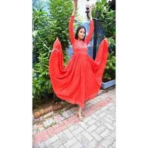 Elegante Kurta Anarkali Roja Lehariya con Estampado a Mano para Mujer, Vestido Pakistaní, Georgette con Diseño Étnico, Vestido Indio - Product Image 4