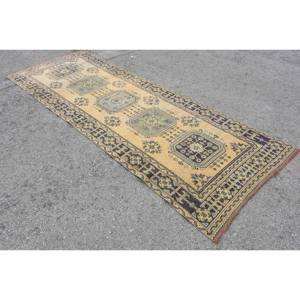 Vintage Turkish <b>Wool</b> Rug <b>Yellow</b> & Blue Patchwork Design 4' X 11' Size Flat Weave Technique for Living Room Carpet - Product Image 2