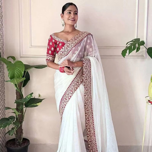 Venta al por mayor Listo para usar Chinon Sarees con bordado detallado Elegante colección de Sari precosido para minoristas de moda - Product Image 1