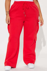 Pantalon de survêtement chaud pour femme, taille haute, devant plat, coupe régulière, jambe large, cordon de serrage, motif uni, poches, 100% coton molletonné - Product Image 2