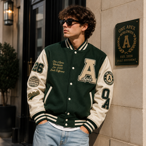 ONEAPEX INTERNATIONAL Custom Forest Green Men's <b>Winter</b> Hooded Letterman <b>Jacket</b> Wool Body White <b>Leather</b> Sleeves Chenille Casual - Product Image 1