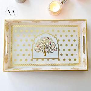 Set of Three Handcrafted Wooden MDF Serving Trays with Golden <b>Foil</b> Premium Quality Single Tier for Home <b>Kitchen</b> Living Room - Product Image 2