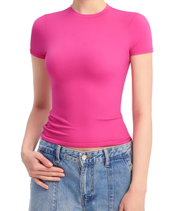 Women's Green Crop Top Short Sleeve Crew Neck Slim Fit Knitted T-Shirt Casual Spring Summer Spandex Cotton <b>Blend</b> - Product Image 5