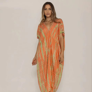 Handmade V-<b>Neck</b> <b>Tie</b> Dye Ladies Women's Loose Casual Summer Floral <b>Tie</b> Dye Sustainable Short Sleeve Summer Kaftan Maxi Dress - Product Image 1