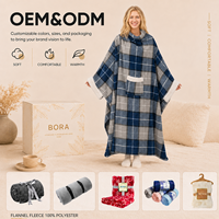 Tragbare Decke, warm, weich, Plüsch, Kuscheldecke mit Taschen und Ärmeln, TV-Wurfdecke, gemütliche weiße Elefanten-Geschenkideen für Mama, Ehefrau, kariert, blau