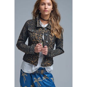 Veste en jean décontractée style streetwear à imprimé léopard avec délavage vieilli, décoration gothique en strass et sequins, détail boutons et ceinture - Product Image 2