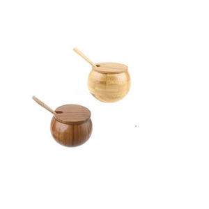 Tarro de madera Natural para especias y sal, tazón mezclador con tapa de mármol, cuchara y forma redonda - Product Image 4
