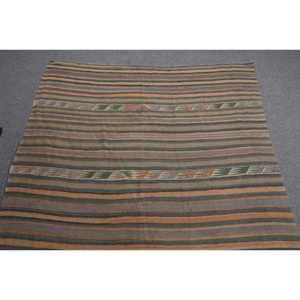 Vintage Kilim Runner Rug 4.8x12 ft (145x365 cm), Turkish <b>Brown</b> Check <b>Wool</b> Rug - Product Image 4