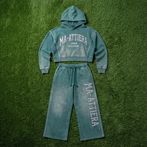 Custom <b>Women</b> Acid Wash Teal Green Cropped Hoodie Wide Leg <b>Jogger</b> Set Cotton Fleece Streetwear Tracksuit OEM Wholesale - Product Image 6