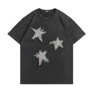 Unisex lavado ácido peso pesado Vintage Street Style 100% algodón Rhinestone planchado DTG impreso recortado lavado ácido camisetas - Product Image 4