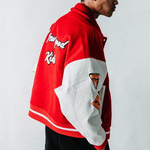 Chaqueta universitaria EM personalizada para hombre, chaqueta universitaria Letterman, Mangas de cuero de lana roja, parches de chenilla de alta calidad, chaquetas para hombre - Product Image 4