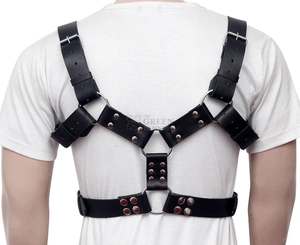Harnais en cuir noir pour homme avec anneau métallique et sangles réglables, accessoire de costume sexy - Product Image 3