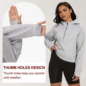 Señoras Crop Top Hoodies Color gris Thumb Hole Half Zip Pullover Gym Fitness Sudadera con capucha recortada para mujer con bolsillo de canguro - Product Image 6
