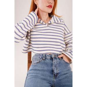 Sudadera con capucha corta para mujer, azul marino a rayas, con cuello polo, al por mayor - Product Image 5