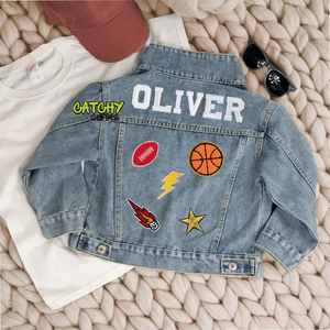 Venta al por mayor de manga larga azul claro lavado ácido chaqueta personalizada bordado parche niños niñas chaquetas de mezclilla - Product Image 1