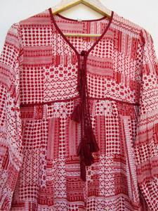 Été Boho Bleu Imprimé Floral Lavable Casual Midi Dress Set Coton Sexy Deep V-Neck Knee-Length Natural Button Puff Printing - Product Image 6