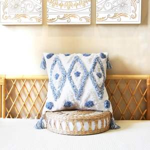 Cotton Woven Boho Throw Pillow Covers Tufted Blue Decorative Square Pillowcases Covers Tassels Embroidery Cushion Cover Pillow - Product Image 6