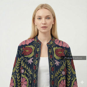Abrigo Corto Étnico de Lujo para Mujer, Bordado a Mano Estilo Bohemio Suzani, Otoño Invierno, Ecológico, Transpirable, con Patrón Floral Vintage - Product Image 3